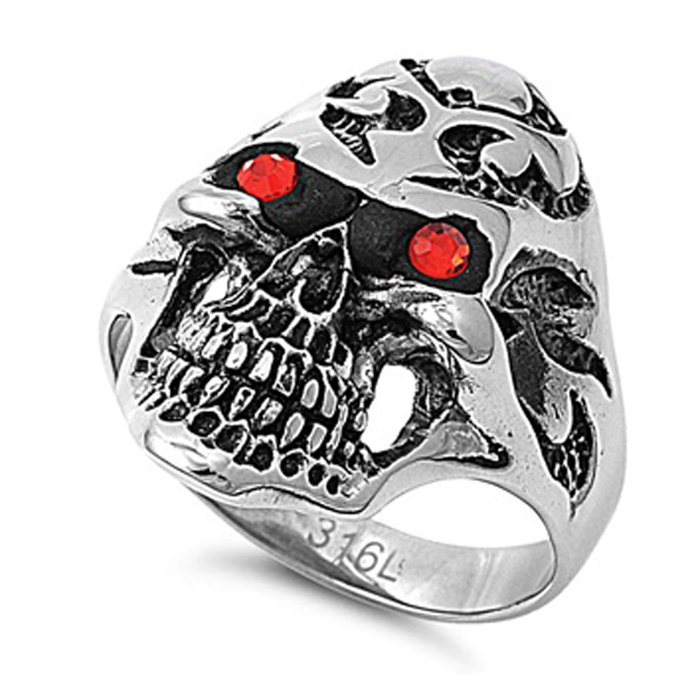 Men's Heavy Skull Garnet CZ Ring Polished Stainless Steel Band 33mm Sizes 8-14