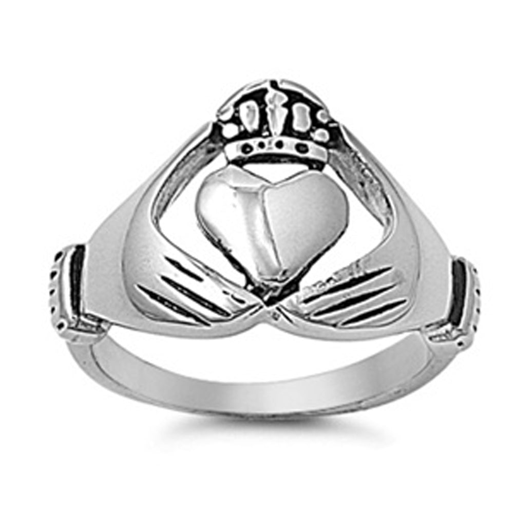 Claddagh Heart Ring Traditional Polished Stainless Steel Band 14mm Sizes 5-14