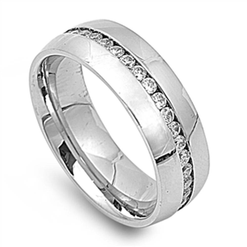 Mens White CZ Ring Classic Polished Stainless Steel Band New USA 8mm Sizes 7-13