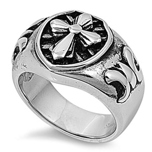 Men's Cross Biker Ring Polished Stainless Steel Band New USA 18mm Sizes 8-14