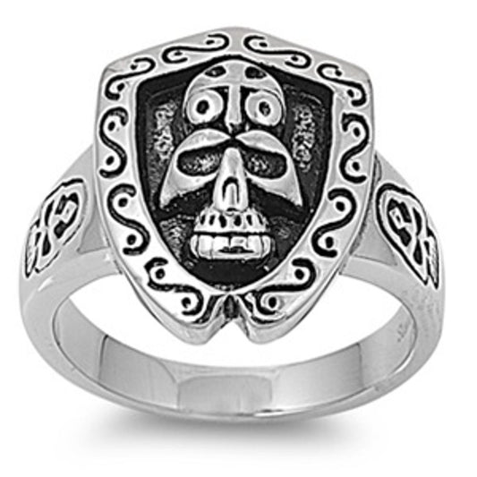 Mens Heavy Shield Skull Biker Ring Stainless Steel Band New USA 23mm Sizes 9-14