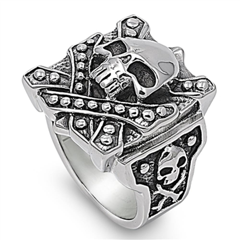 Men's Heavy Skull Cross Bone Ring Polished Stainless Steel Band 26mm Sizes 7-17