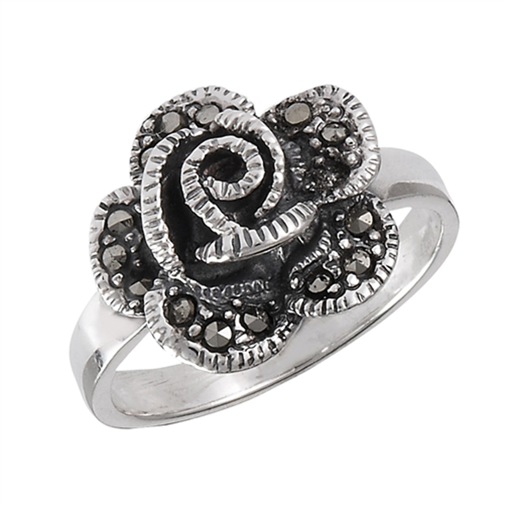 Marcasite Studded Rose Petal Love Ring New .925 Sterling Silver Band Sizes 6-9