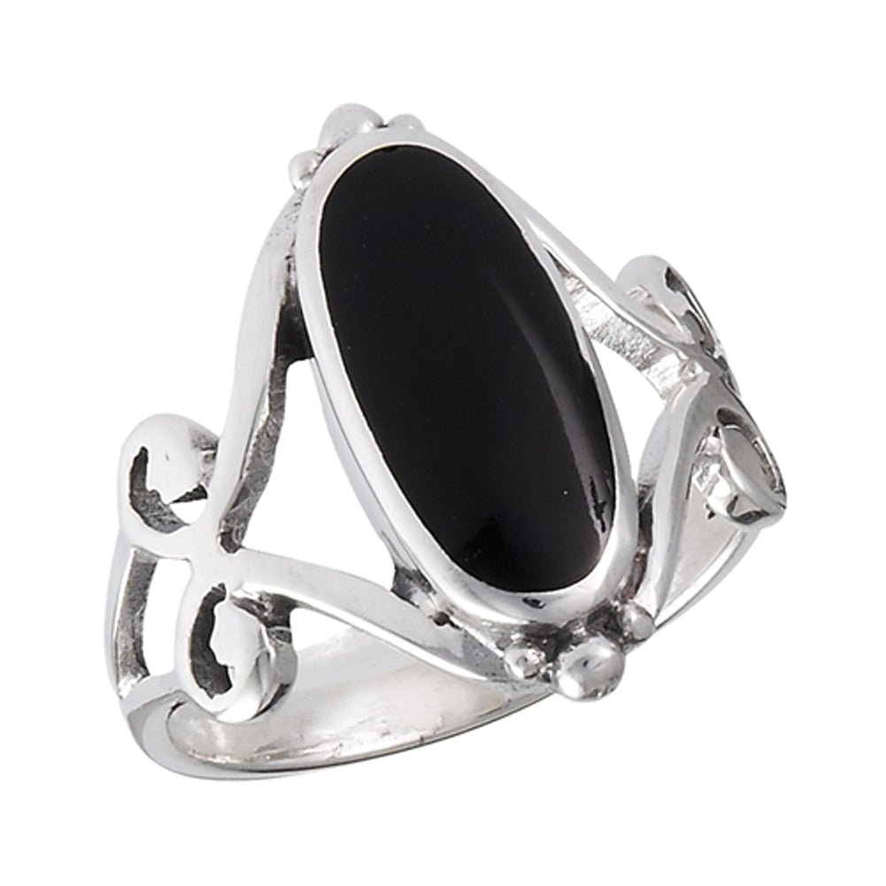 Filigree Swirl Long Black Onyx Ring New .925 Sterling Silver Band Sizes 6-9