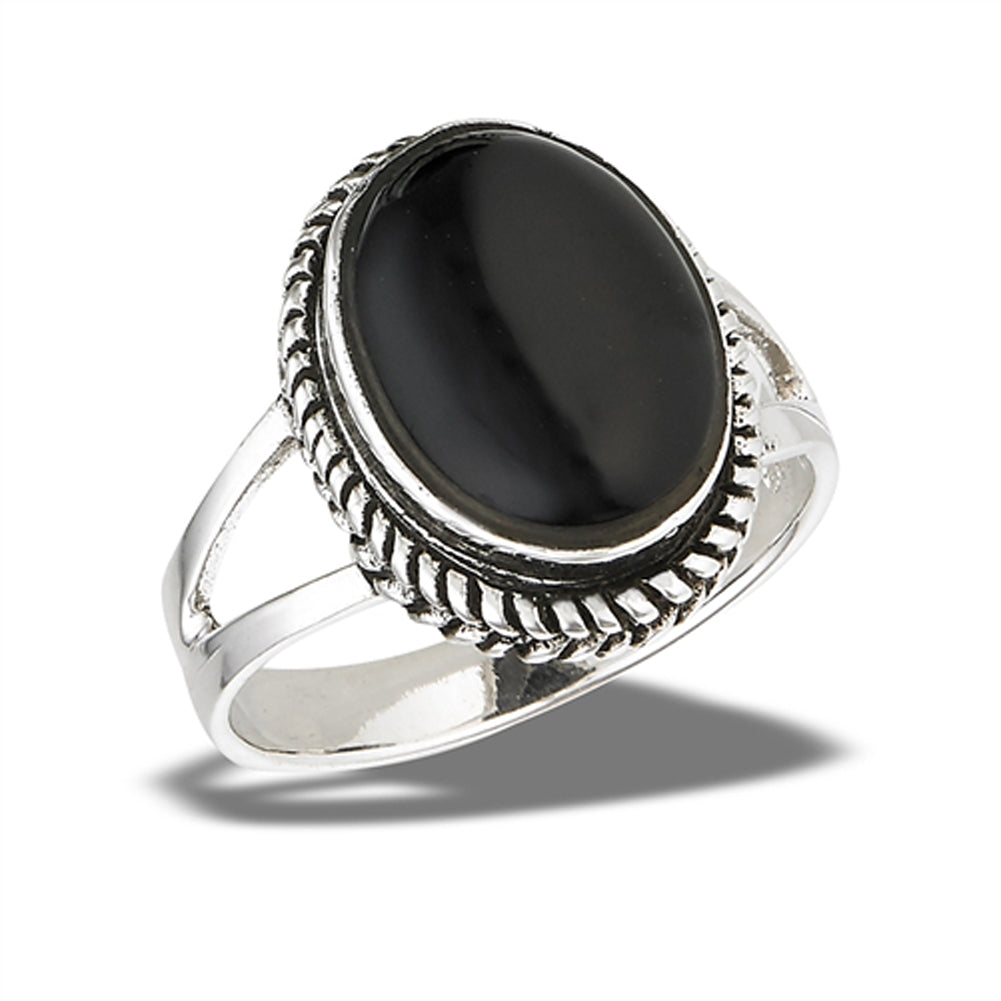 Large Black Onyx Bali Rope Halo Ring New .925 Sterling Silver Band Sizes 7-10