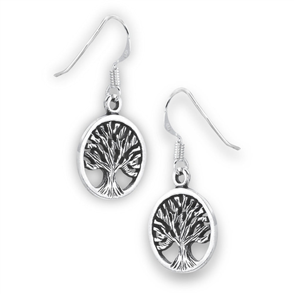 Branch Tree of Life Dangle .925 Sterling Silver Oval Wood Grain Oxidized Earrings