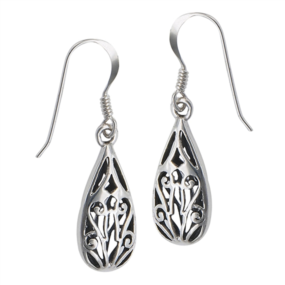 Filigree Teardrop Fancy .925 Sterling Silver Ornate Cutout Bold Dangle Earrings