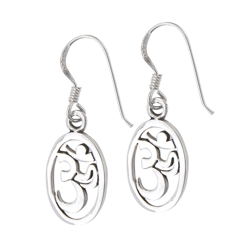 Meditation Om Spiritual .925 Sterling Silver Oval Dangle Yoga Earrings