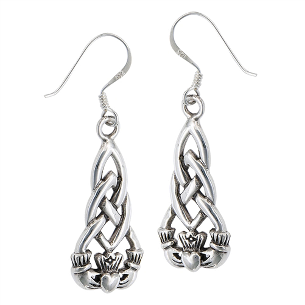 Long Drop Dangle Celtic Claddagh Interwoven .925 Sterling Silver Knot Earrings