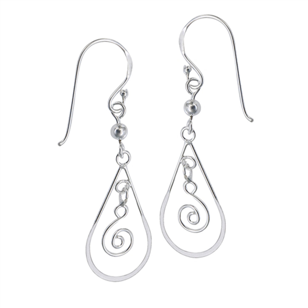 Modern Swirl Dangle Beaded Teardrop Filigree .925 Sterling Silver Scroll Earrings