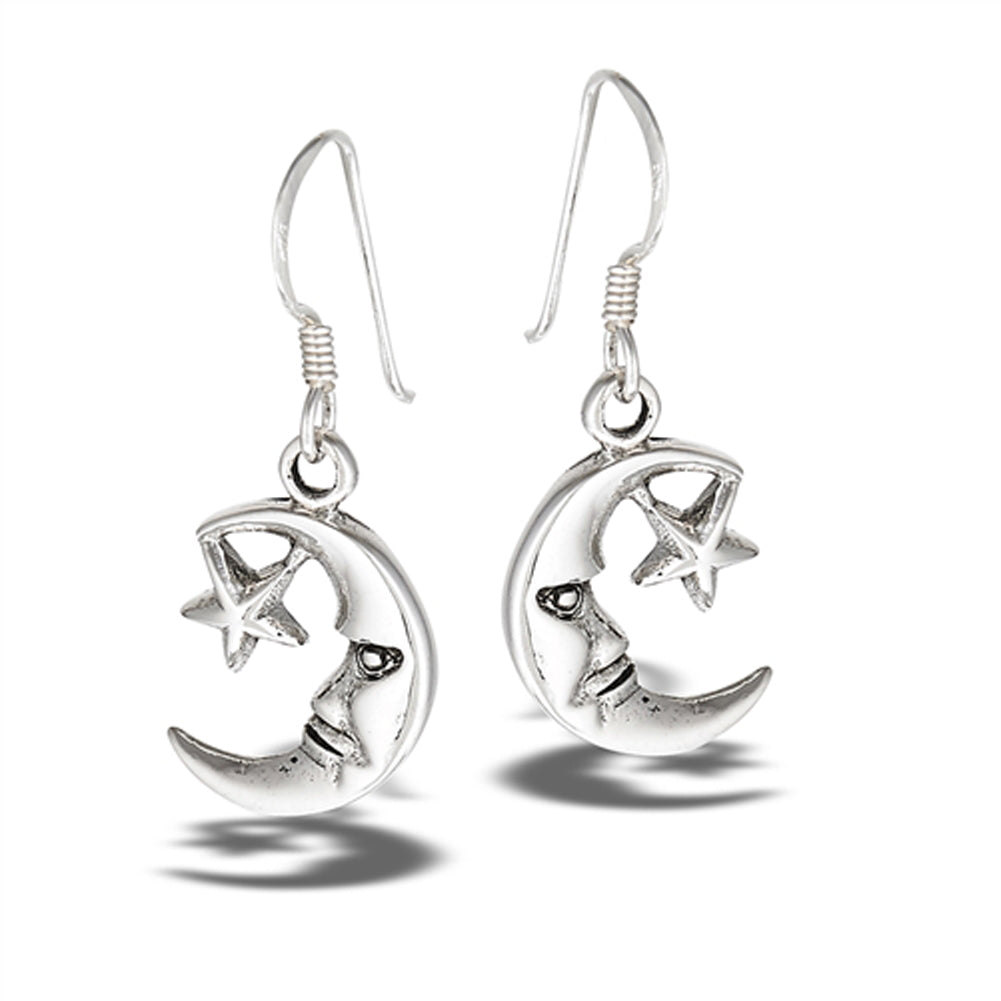 Crescent Moon Star Mystic .925 Sterling Silver Celestial Dangle Face Earrings