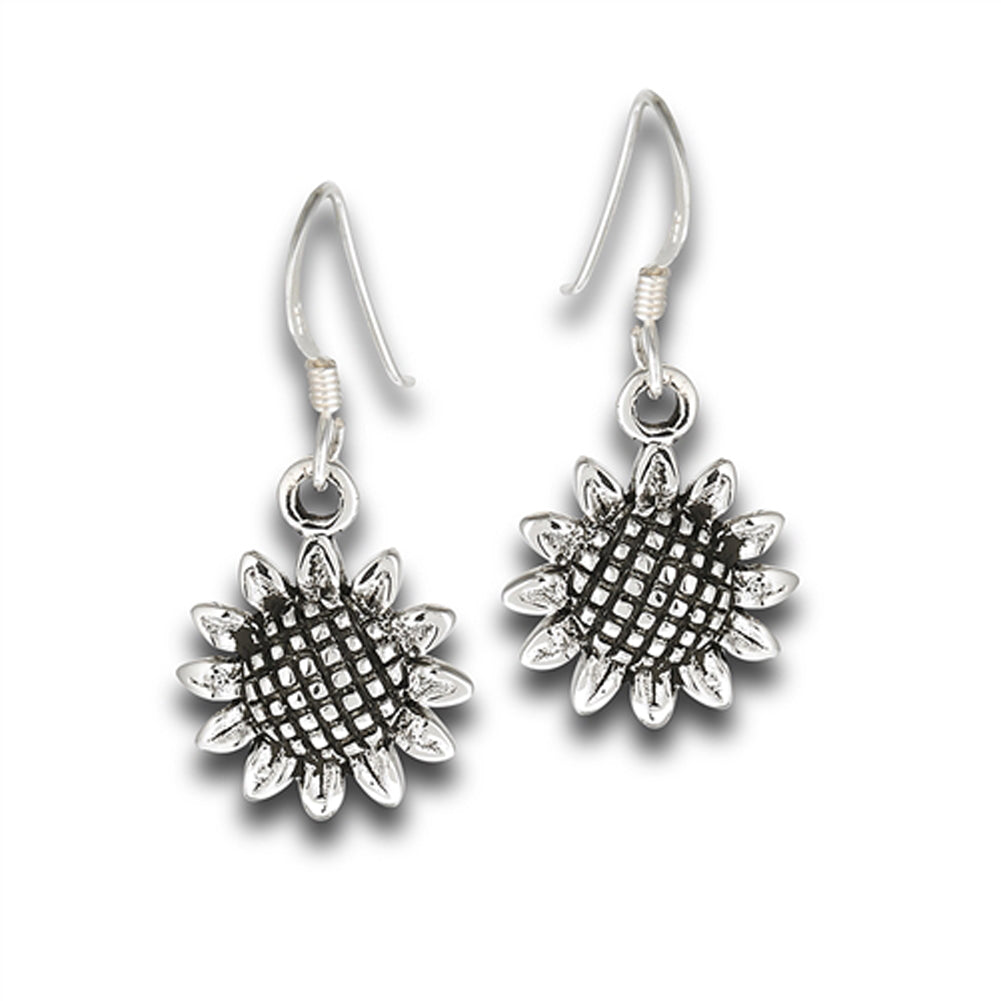 Blooming Flower Open Sunflower Nature .925 Sterling Silver Gardening Dangle Earrings