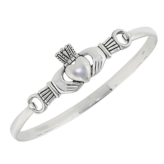 Heart Oxidized Claddagh Bangle High Polish Bracelet Love .925 Sterling Silver