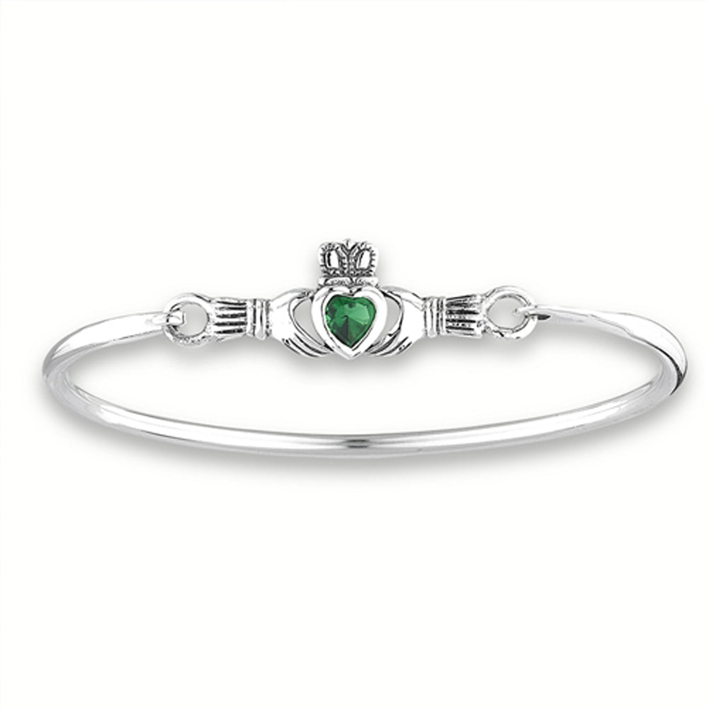 Heart Claddagh Bracelet Simple Bracelet Simulated Emerald .925 Sterling Silver