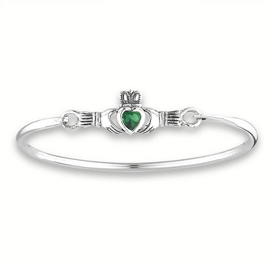 Heart Claddagh Bracelet Simple Bracelet Simulated Emerald .925 Sterling Silver