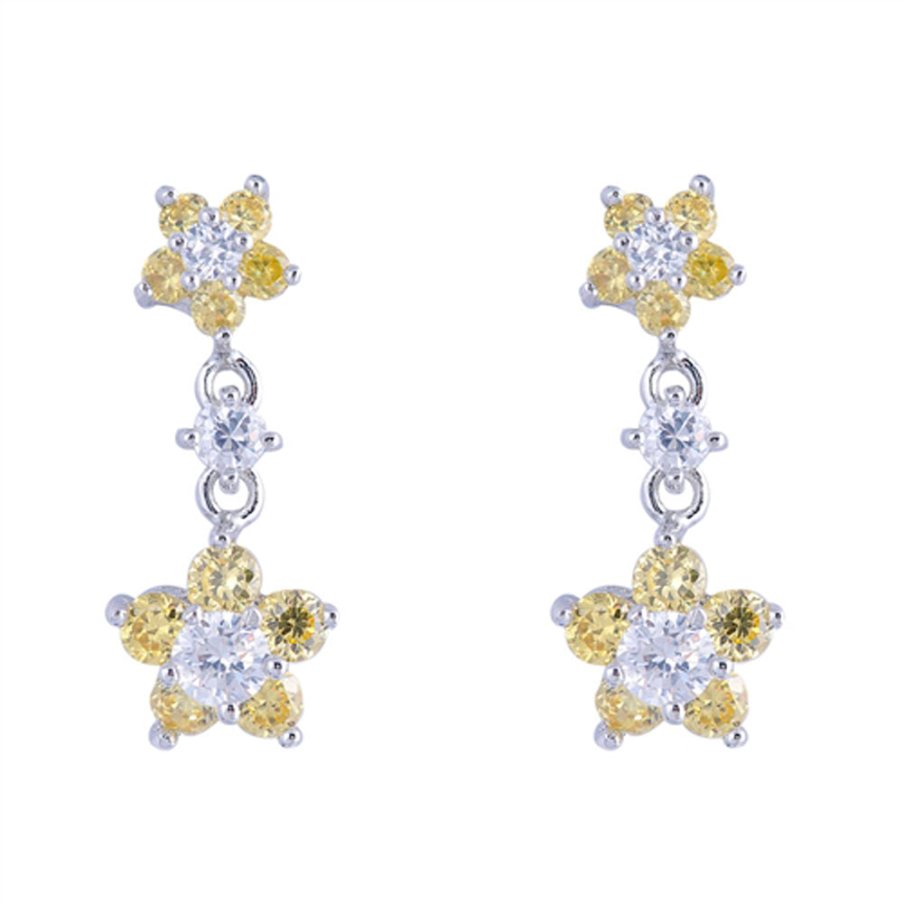 Stacked Dangle Double Plumeria Flower Vintage Yellow Simulated CZ .925 Sterling Silver Earrings