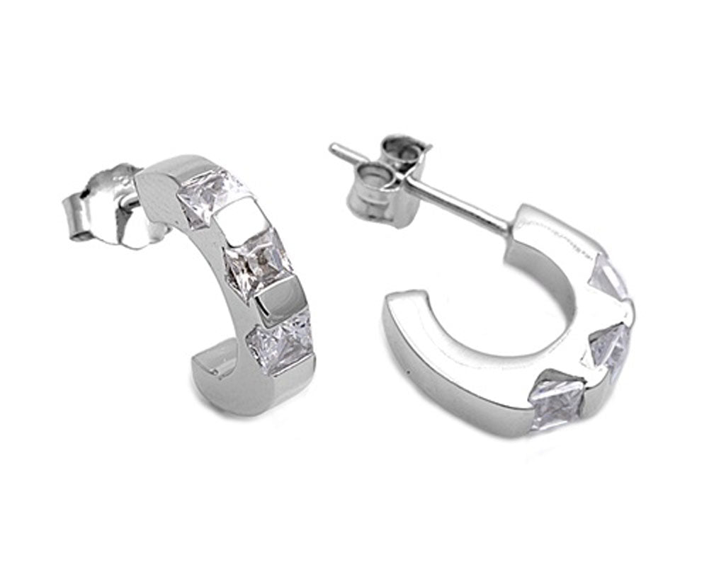 Huggie Hoop Earrings Clear Simulated CZ .925 Sterling Silver