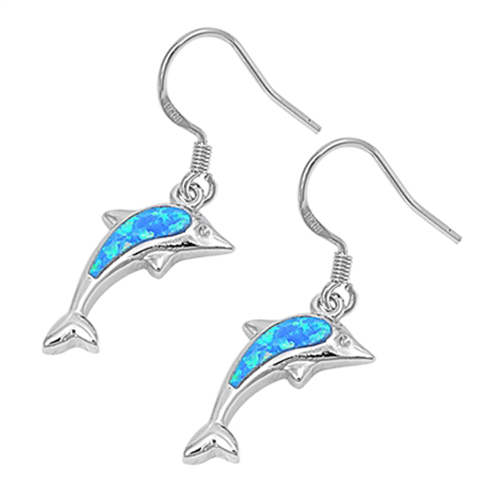 Sterling Silver Dolphin High Polish Animal Ocean Earrings Blue Synthetic Opal