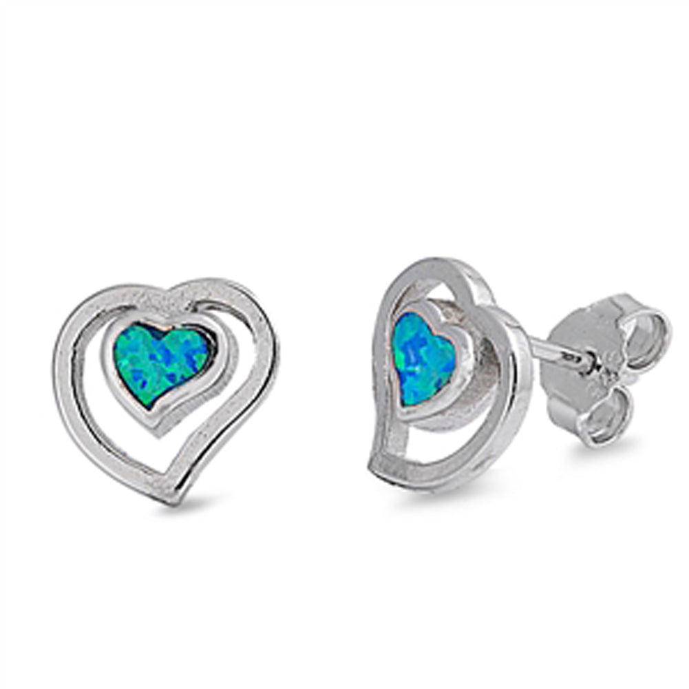 Open Double Promise Heart Cutout Blue Simulated Opal .925 Sterling Silver Earrings