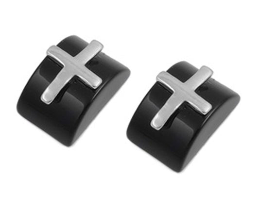 Cross Earrings Black Simulated Onyx .925 Sterling Silver