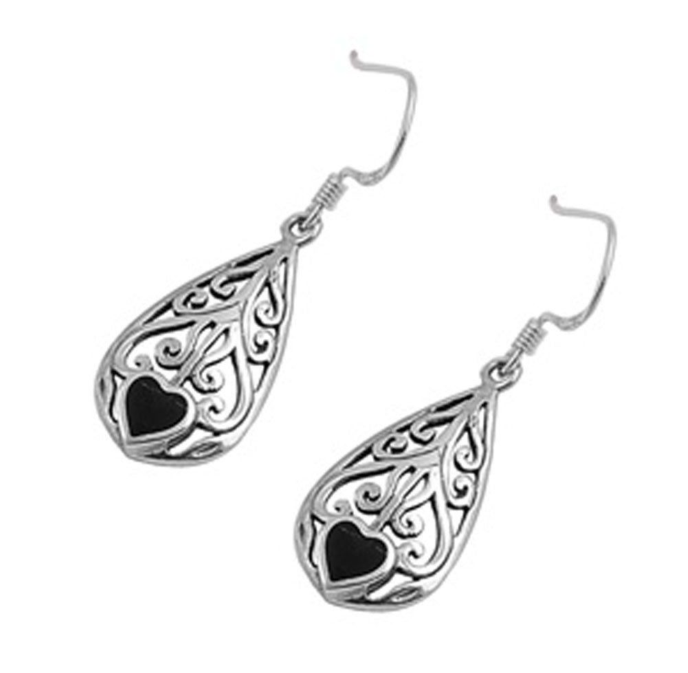 Heart Teardrop Filigree Earrings Black Simulated CZ .925 Sterling Silver