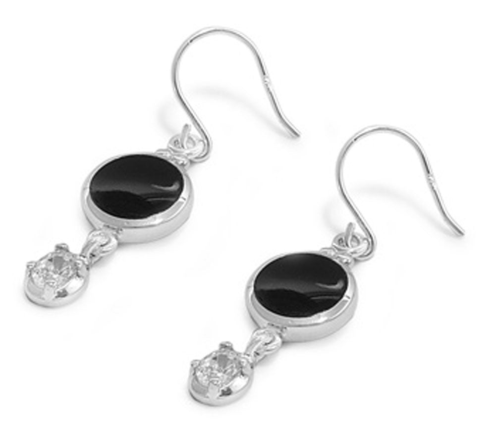 Hanging Earrings Black Simulated Onyx Clear Simulated CZ .925 Sterling Silver