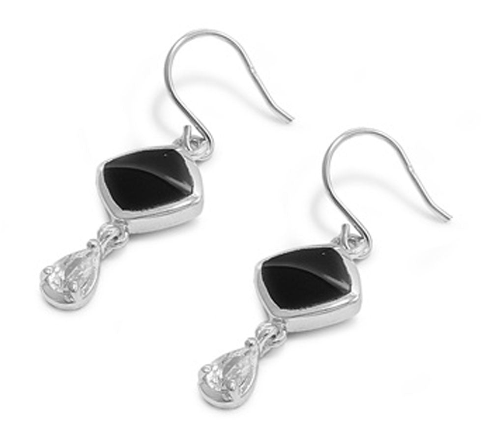 Hanging Earrings Black Simulated Onyx Clear Simulated CZ .925 Sterling Silver