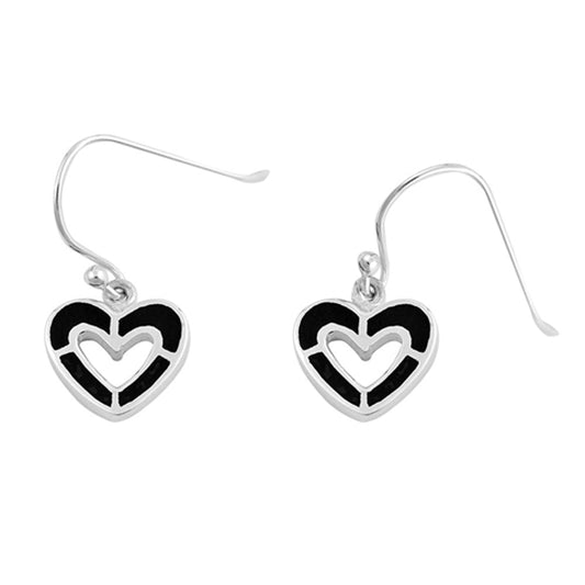 Open Cutout Promise Heart Dangle Fashion Black Simulated CZ .925 Sterling Silver Earrings