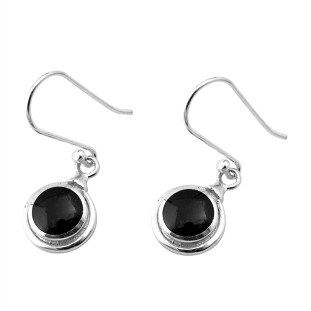 High Fashion Simple Circle Round Black Simulated Onyx .925 Sterling Silver Earrings