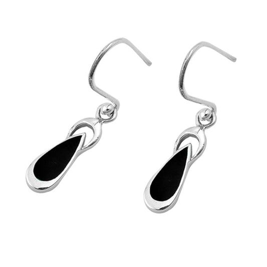 Open Cutout Simple Narrow Teardrop Classic Black Simulated Onyx .925 Sterling Silver Earrings