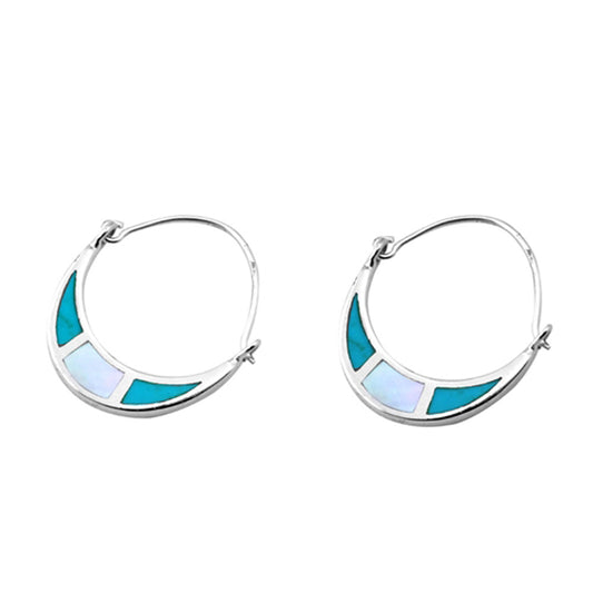 Crescent Moon Simple Half Circle Hoop Classic Simulated Turquoise Simulated Mother of Pearl .925 Sterling Silver Earrings