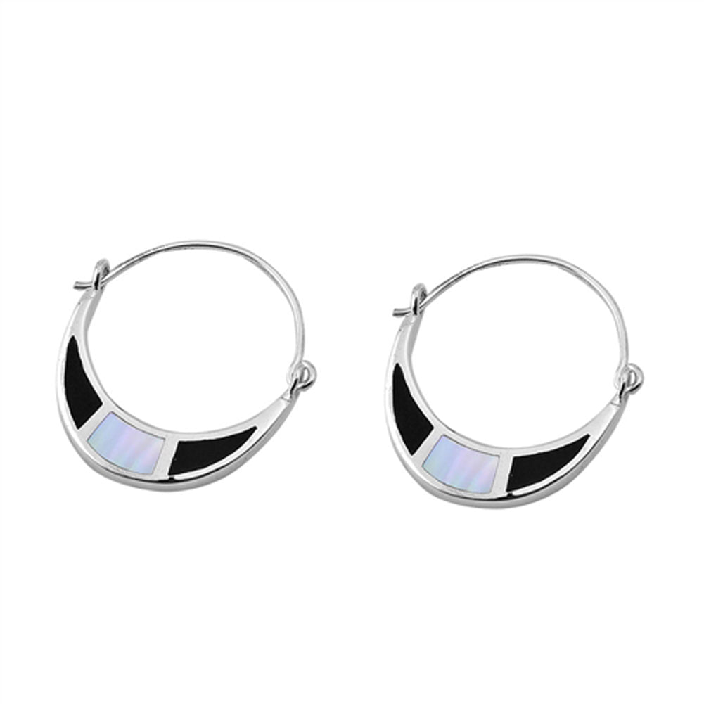 Crescent Simple Art Deco Hoop Semi Circle Black Simulated Onyx Simulated Mother of Pearl .925 Sterling Silver Earrings