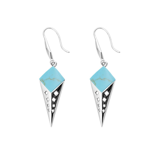 Funky Squared Spike Cutout Simulated Turquoise .925 Sterling Silver Triangle Earrings