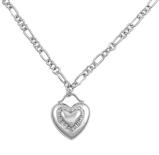 Figaro Chain Heart Pendant Necklace Clear CZ .925 Sterling Silver, 17"