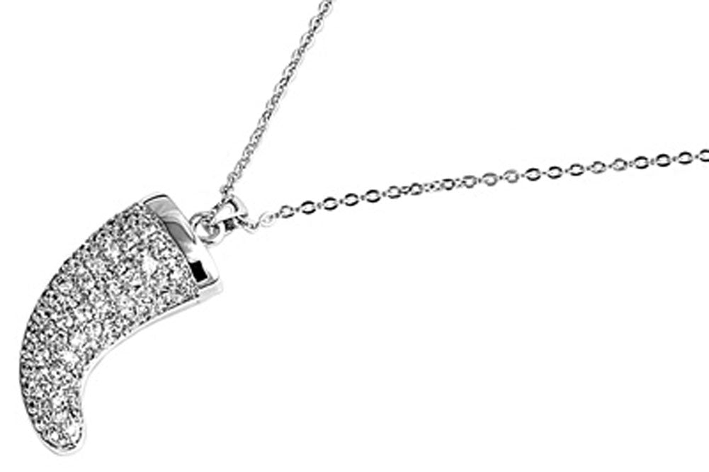 Italian Horn Pendant Micro Pave Necklace Clear Simulated CZ .925 Sterling Silver, 18"