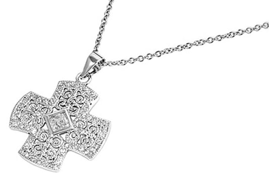 Cross Pendant Necklace Clear Simulated CZ .925 Sterling Silver, 18"