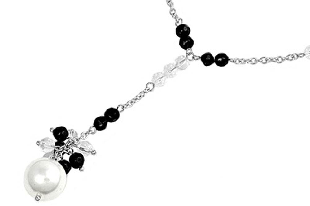 Necklace Simulated Pearl Black Simulated Rhinestone .925 Sterling Silver, 18"