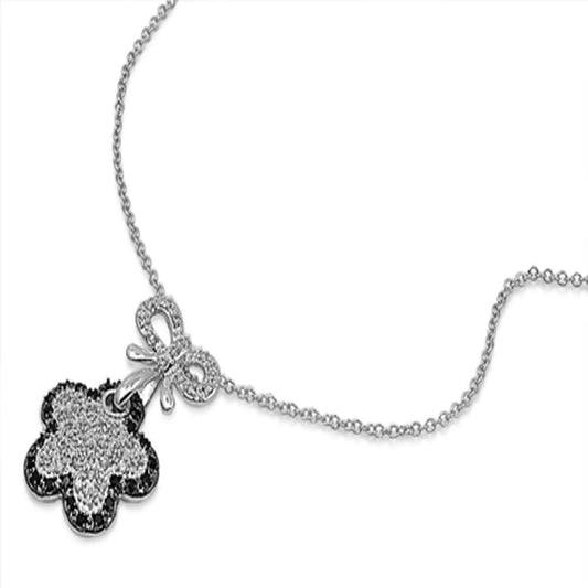 Ribbon Flower Pendant Necklace Clear Simulated CZ Black Simulated CZ .925 Sterling Silver