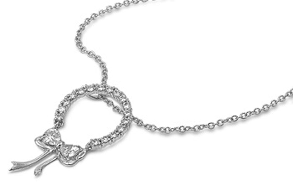 Rolo Chain Ribbon Pendant Necklace Clear Simulated CZ .925 Sterling Silver