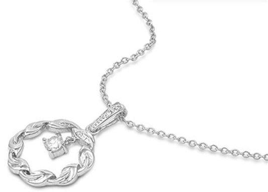 Pendant Rolo Chain Hanging Necklace Clear Simulated CZ .925 Sterling Silver