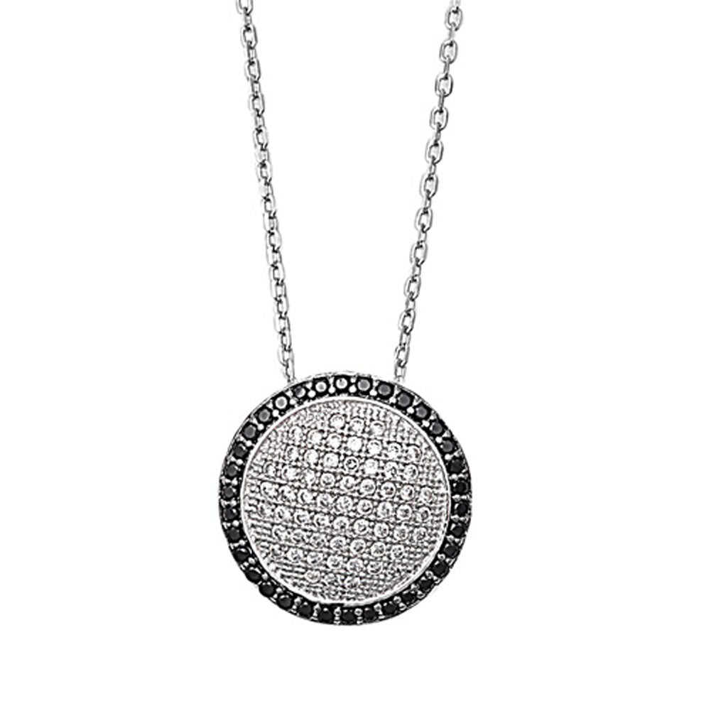 Halo Micro Pave Circle Pendant Necklace Clear Simulated CZ Black Simulated CZ .925 Sterling Silver, 16"