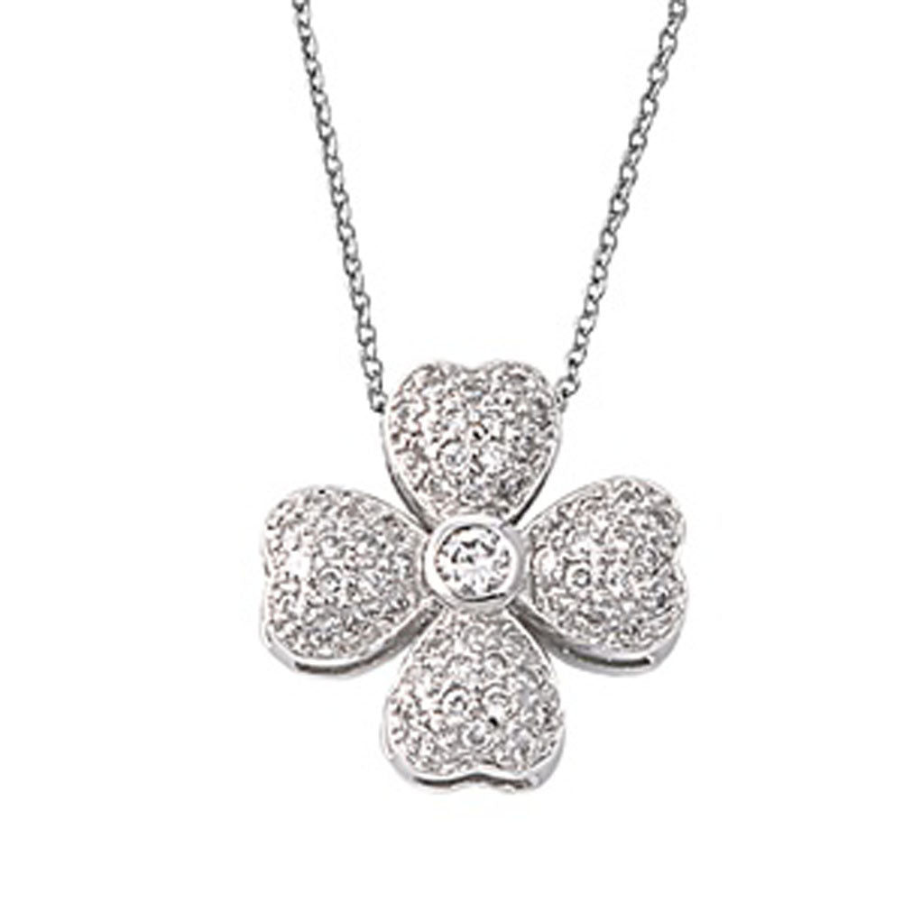 Clover Pendant Micro Pave Heart Necklace Clear CZ .925 Sterling Silver, 16"