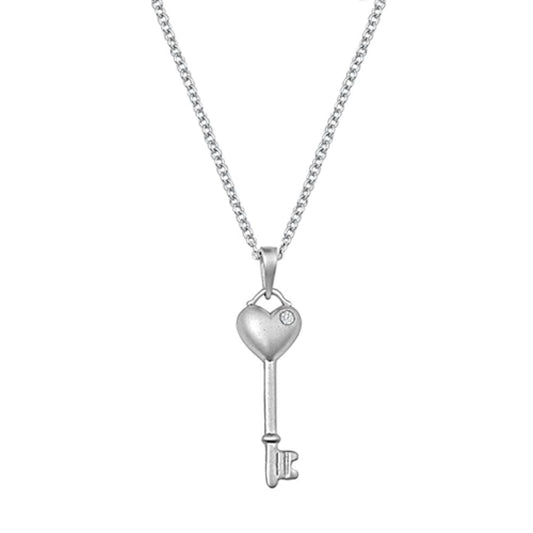 Key Pendant Heart Necklace Clear Simulated CZ .925 Sterling Silver, 16"