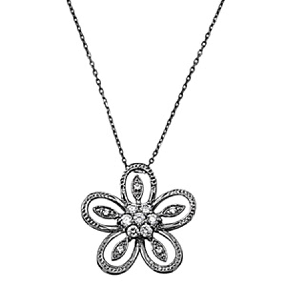 Flower Pendant Black-Tone Necklace Clear Simulated CZ .925 Sterling Silver, 16"