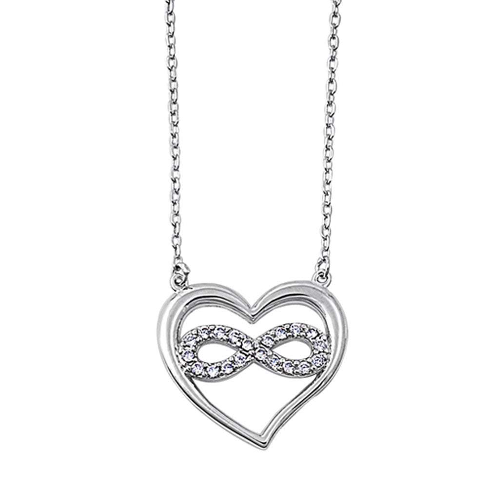 Heart Pendant Rolo Chain Infinity Necklace Clear Simulated CZ .925 Sterling Silver, 16"