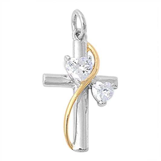 Crucifix Dual Tone Cross Pendant Clear CZ .925 Sterling Silver Charm