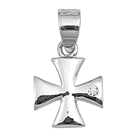 High Polish Iron Cross Pendant Clear CZ .925 Sterling Silver Charm