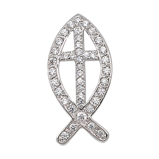 Sterling Silver Encrusted Cross Within Ichthus Clear CZ Pendant Charm