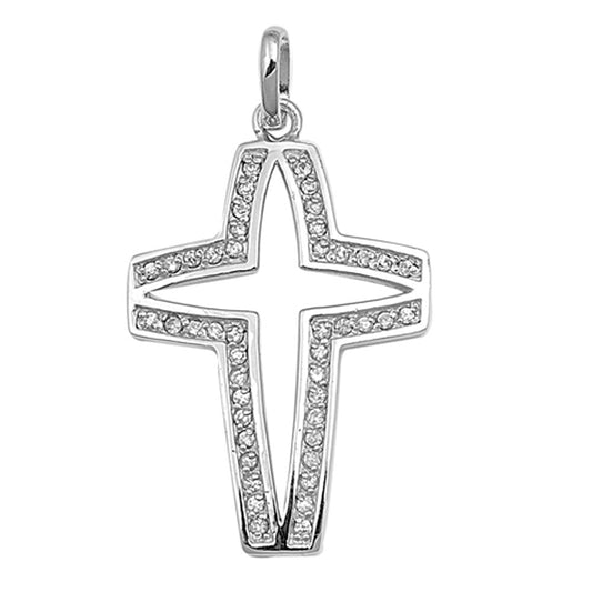 Unique Cutout Cross Pendant Clear CZ .925 Sterling Silver Open Charm