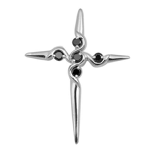 Modern Pointed Cross Pendant Black CZ .925 Sterling Silver Edgy Charm